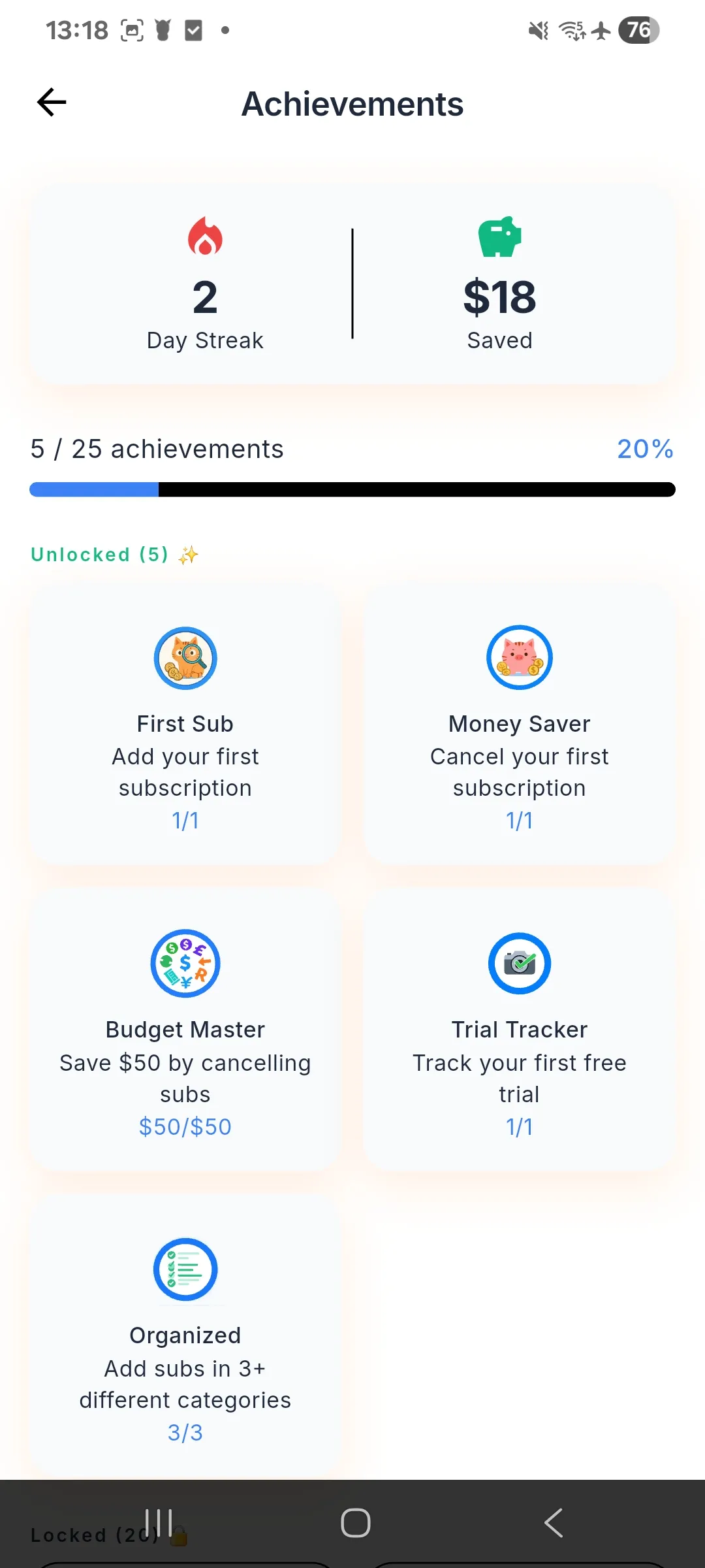 SubMeow achievements screen showing gamified tracking milestones
