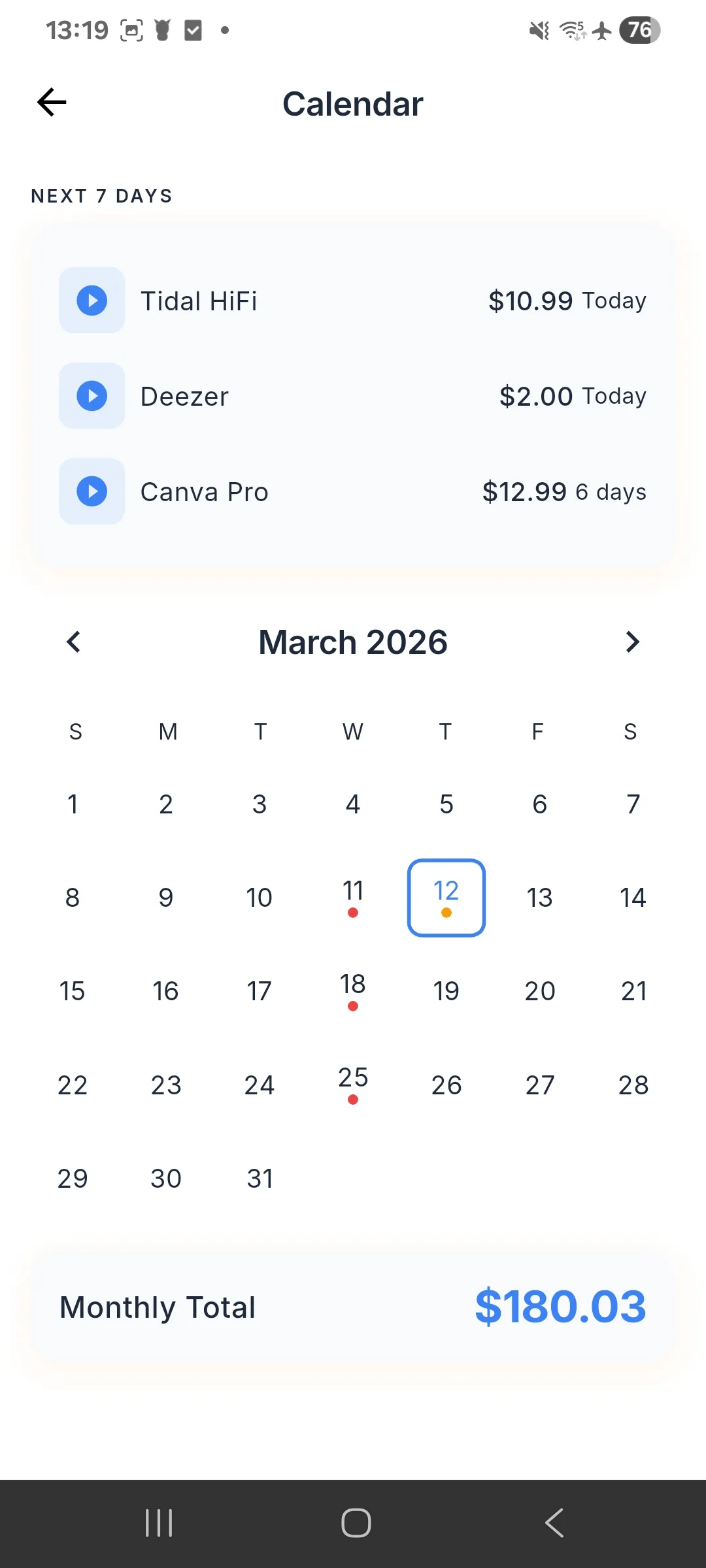 SubMeow calendar view showing upcoming subscription renewal dates