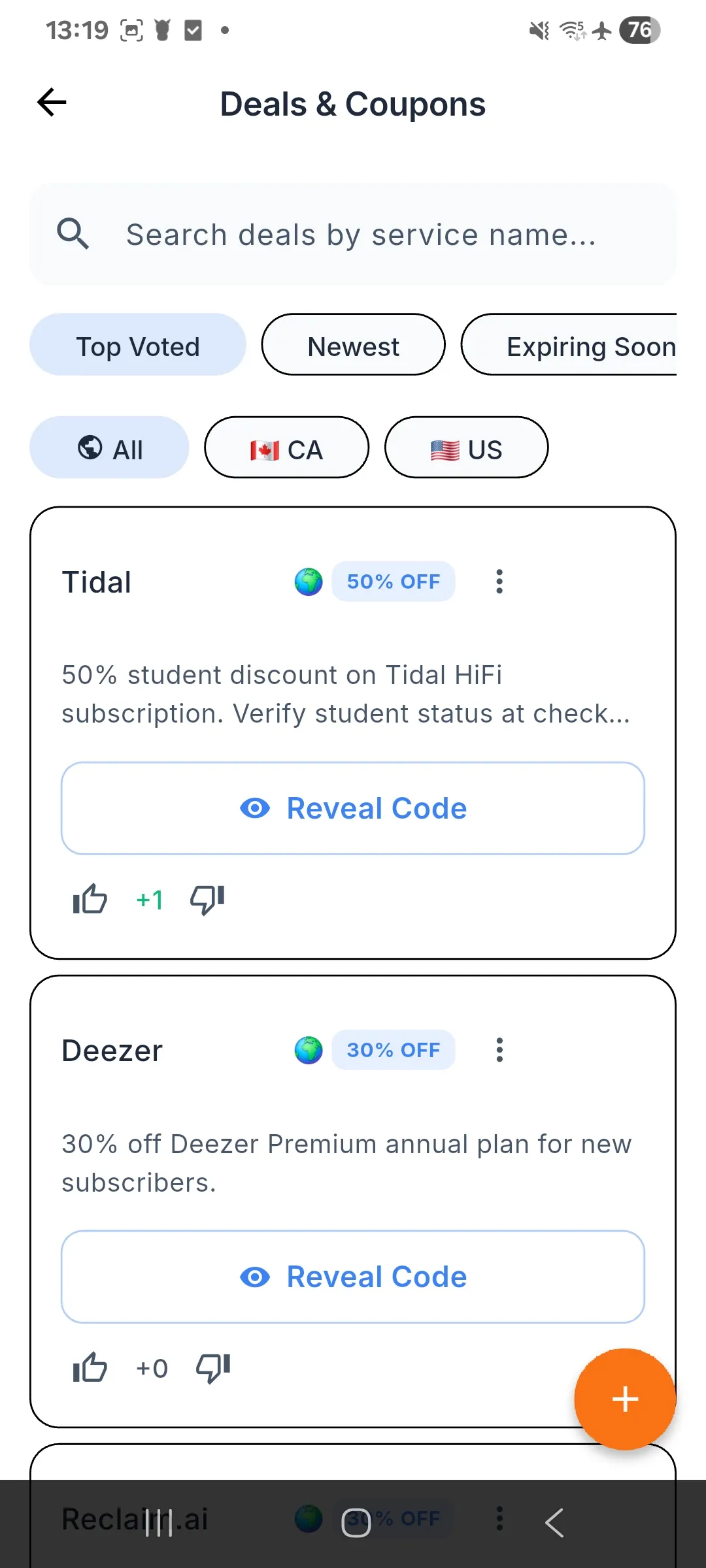 SubMeow deals screen showing community coupons and discounts