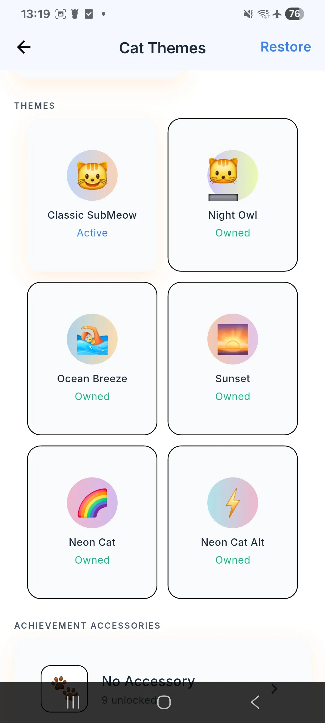SubMeow theme selection screen with various cat mascot themes